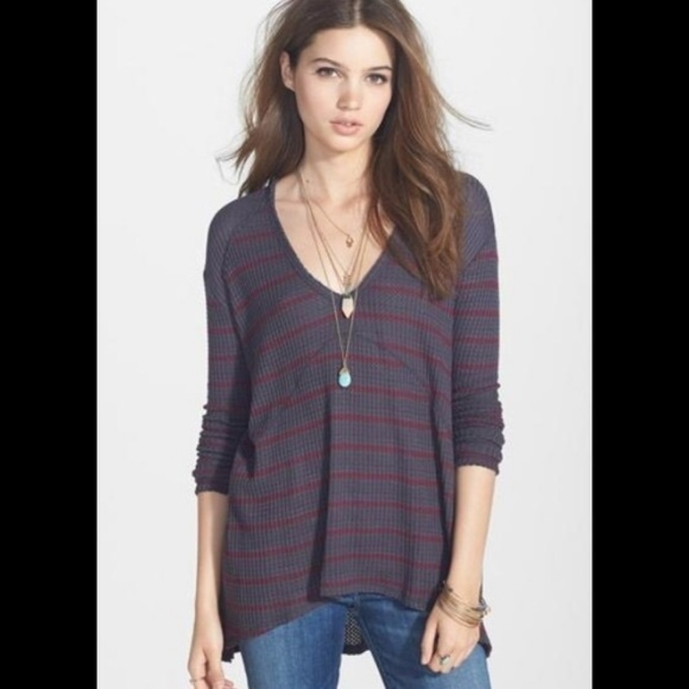 {M} Free People Sunset Park Drippy Thermal Charcoal Burgandy Striped